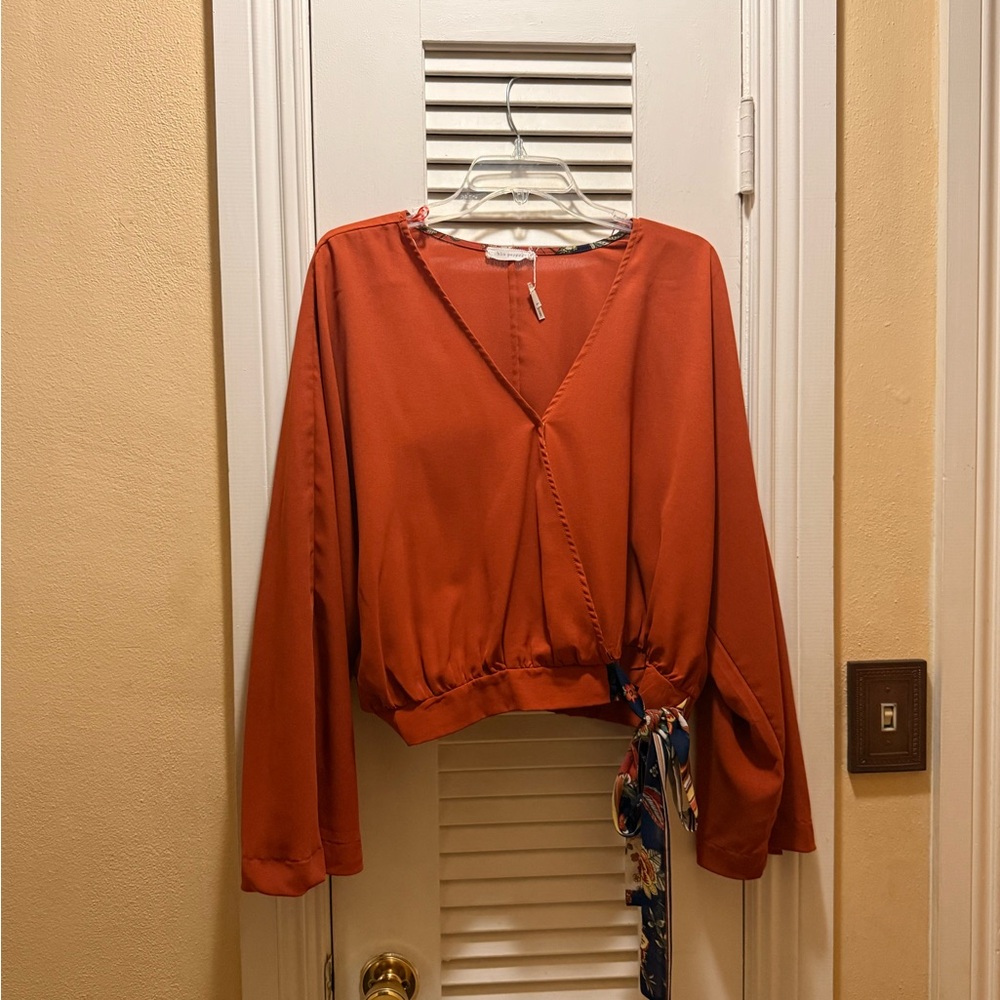 Blu Pepper Orange Long Sleeve Wrap Blouse with Tie Front